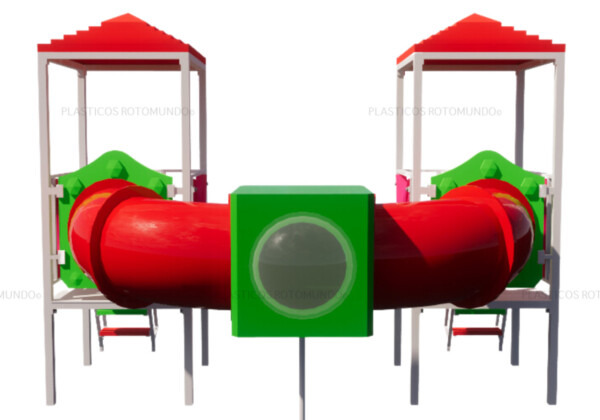 Mangrullo infantil con tunel de conexion, torres techadas y estructuras reforzadas fabricado por Plasticos Rotomundo para plazas, escuelas y parques recreativos.